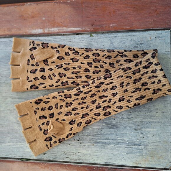 Handmade Leopard Print Fingerless Gloves OS Brown Tan - Indie Sleeze Fall Casual - Picture 2 of 4